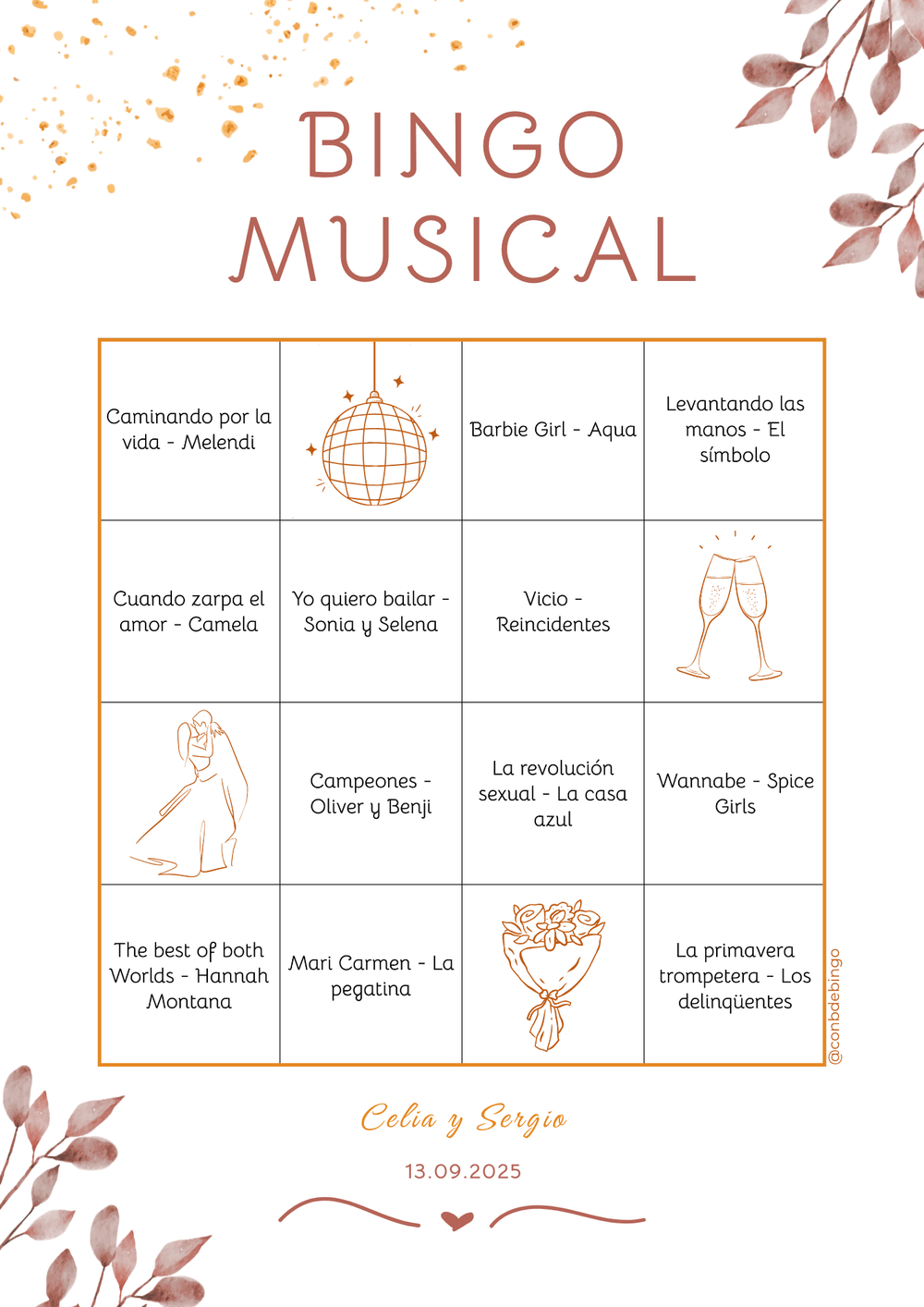 Cartón de bingo musical con el diseño Boda - Clásico