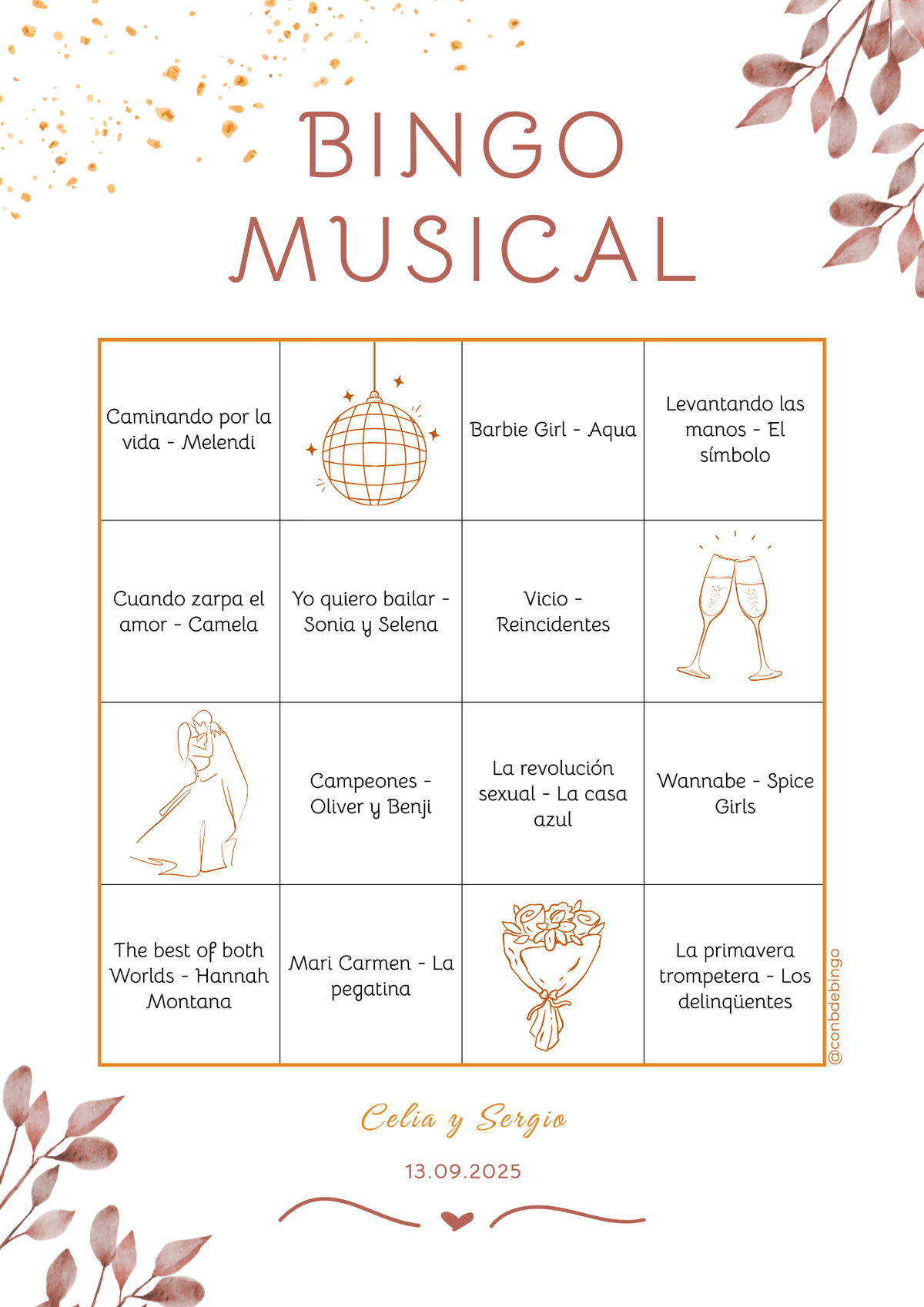 Cartón de bingo musical para bodas con diseño Clásico