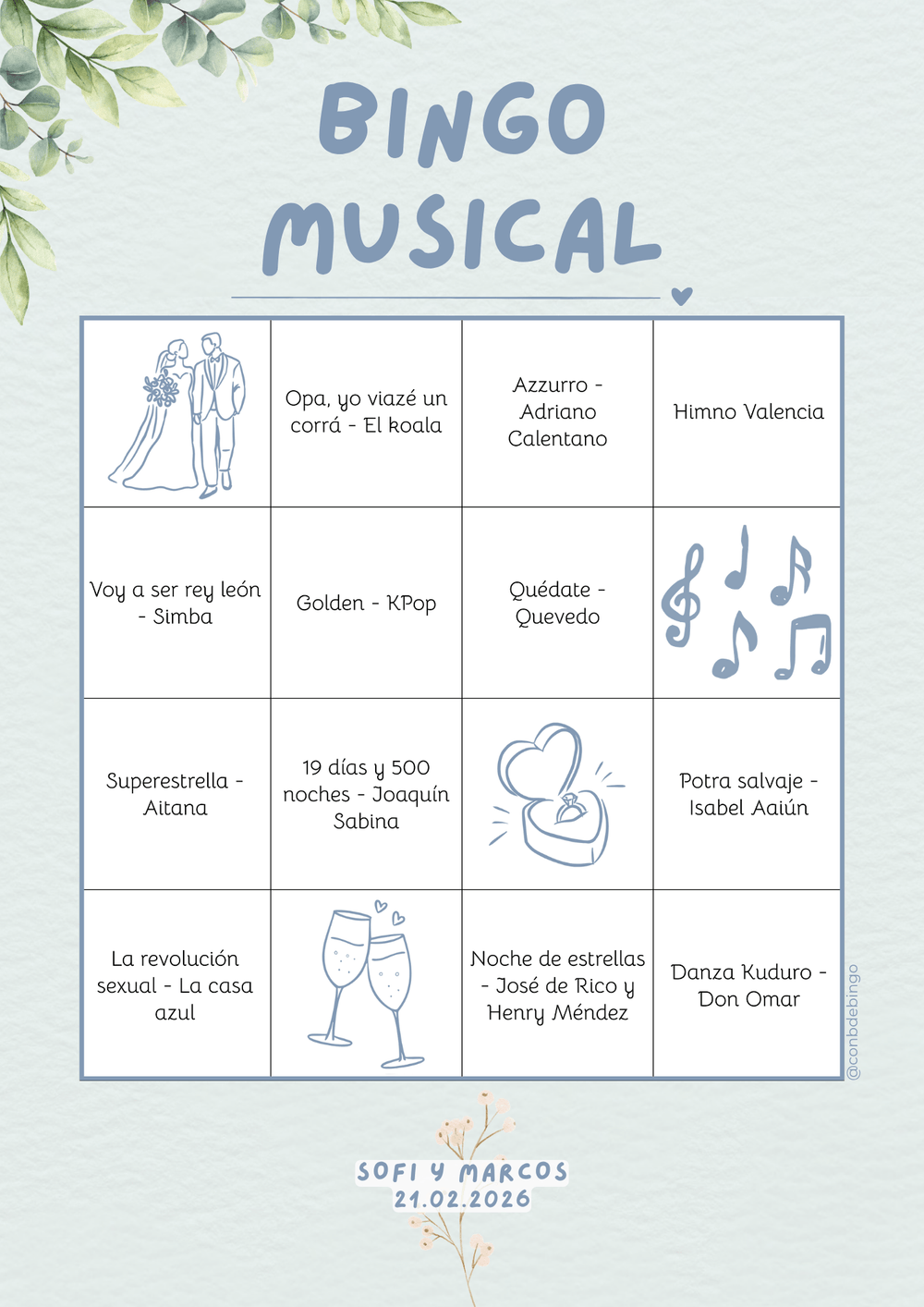 Cartón de bingo musical con el diseño Boda - Acuarela