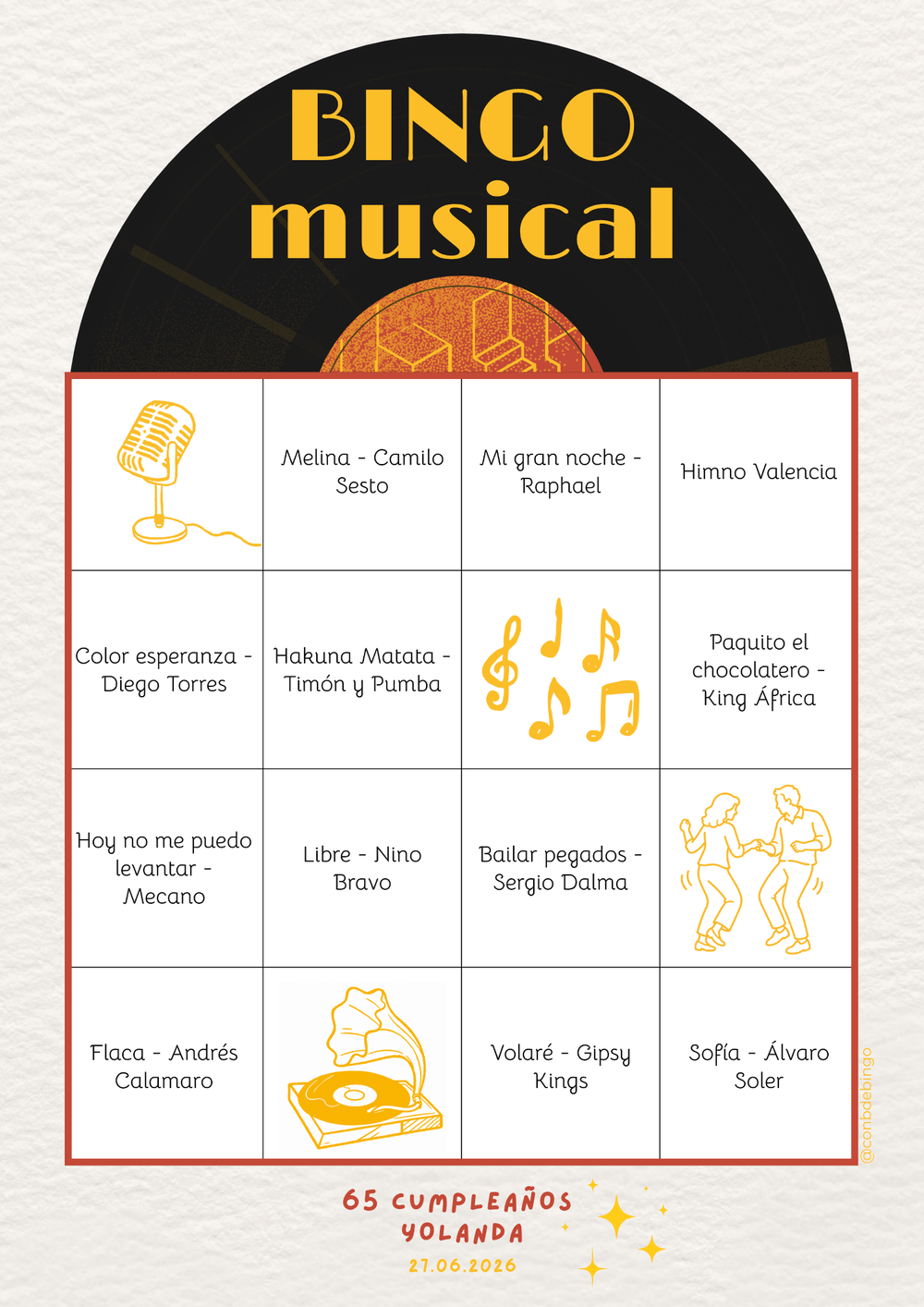 Cartón de bingo musical con el diseño Retro