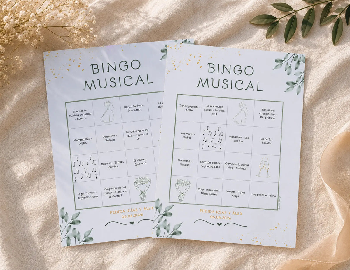 Cartones personalizados, pegatinas y guía del bingo musical para bodas